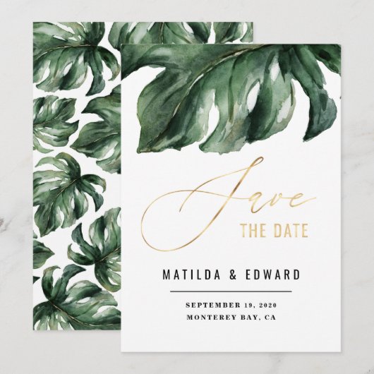 Moderne minieme goudbruiloft met palmblad aankondiging (Voorkant / Achterkant)