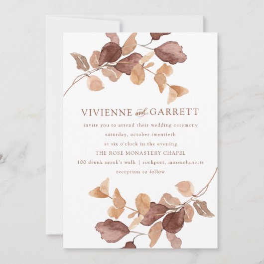 Moderne minieme herfst Eucalyptus Leaves Wedding Kaart (Voorkant)