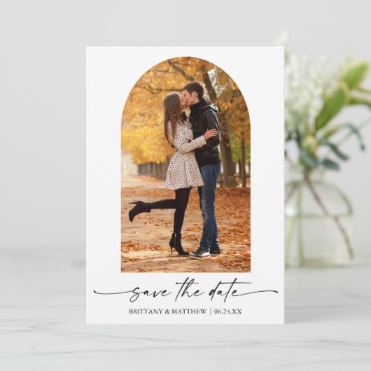 Moderne minieme inktscriptfoto save the date (Staand voorkant)