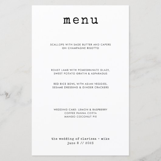 Moderne minieme menu Dinner Wedding voor schrijfma (Voorkant)