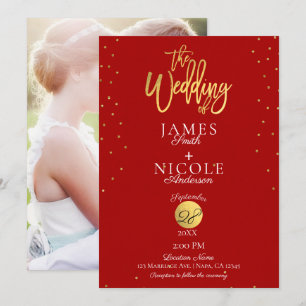 Moderne minieme Rood- en Gold Foil-fotobruiloft Kaart