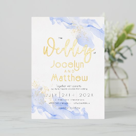 Moderne Minim Ocean Waterverf Gold Foil Wedding Folie Uitnodiging (Staand Voorkant)