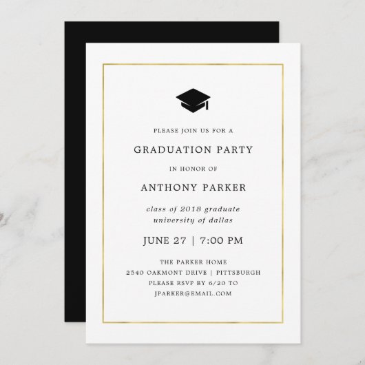 Moderne minima | Faux Gold Border Graduation Party Kaart (Voorkant / Achterkant)