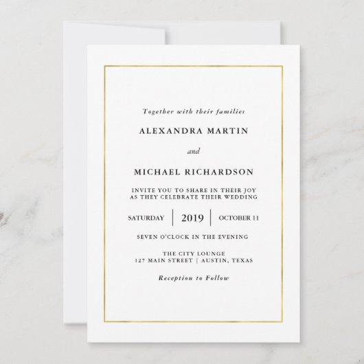 Moderne minima | Faux Gold Border Wedding Kaart (Voorkant)