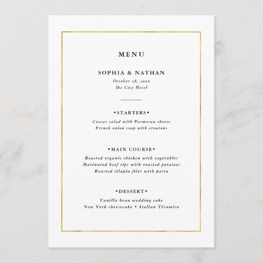 Moderne minima | Faux Gold Border Wedding Menu (Voorkant)