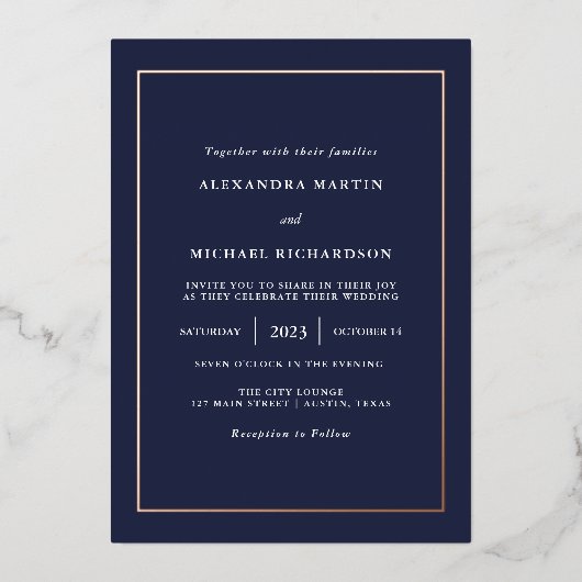 Moderne minima | Roos Gold Foil Border Weddenschap Folie Uitnodiging (Voorkant)