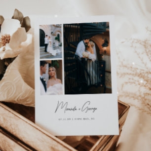 Moderne Minimaal 3-Foto Script Lettering Huwelijk Bedankkaart