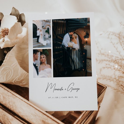 Moderne Minimaal 3-Foto Script Lettering Huwelijk Bedankkaart