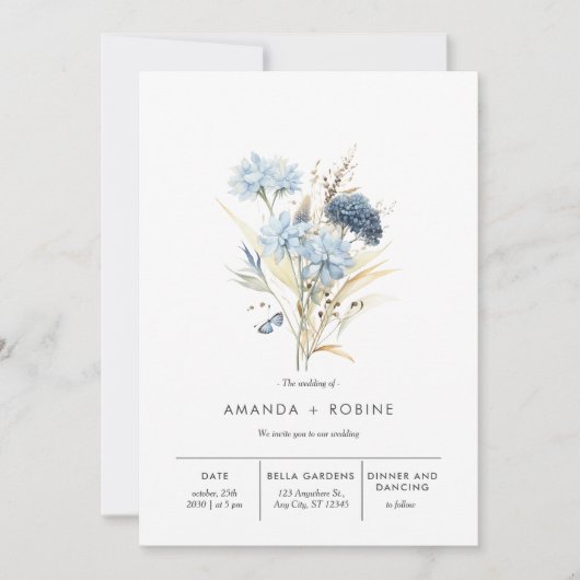 Moderne Minimaal Blauwe Bloemen Huwelijksuitnodigi Kaart (Voorkant)