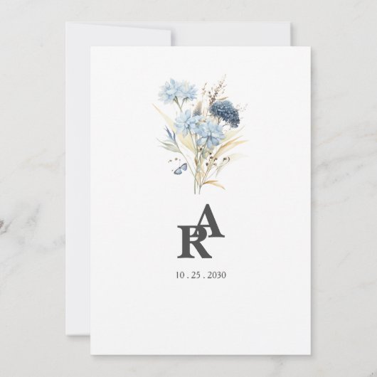 Moderne Minimaal Blauwe Bloemen Huwelijksuitnodigi Kaart (Achterkant)