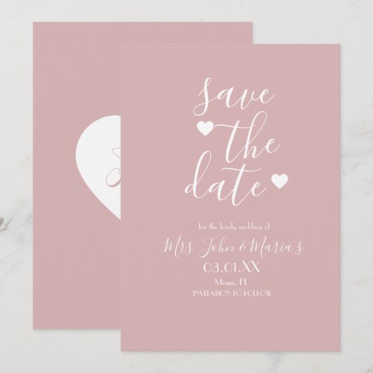 Moderne Minimaal Blozend met Hartjes Save the Date Kaart (Voorkant / Achterkant)