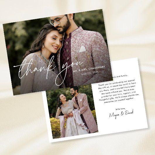 Moderne minimaal elegante hand geletterde foto bru bedankkaart