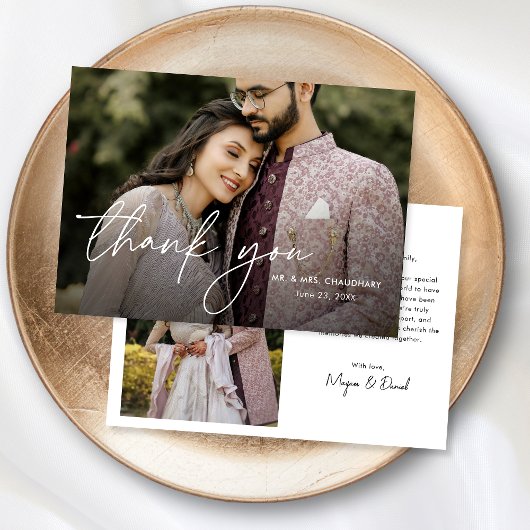 Moderne minimaal elegante hand geletterde foto bru bedankkaart