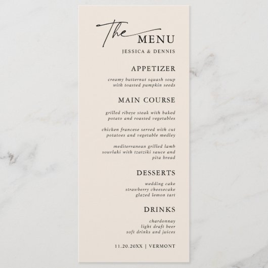 Moderne minimaal elegante kalligrafie script bruil menu (Voorkant)
