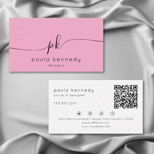 Moderne minimaal elegante roze monogram QR-code Visitekaartje