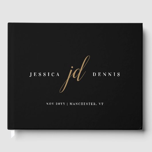 Moderne minimaal elegante script monogram bruiloft gastenboek (Voorkant)