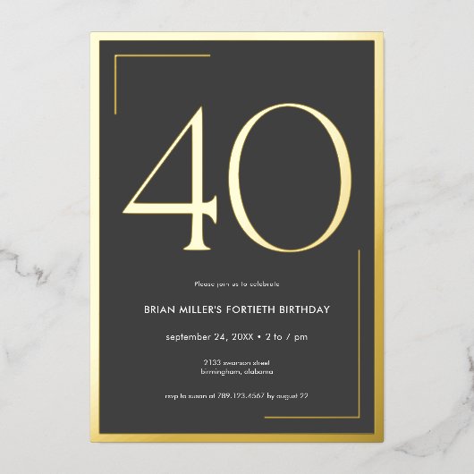 Moderne minimaal elegante veertigste verjaardag folie uitnodiging (Voorkant)