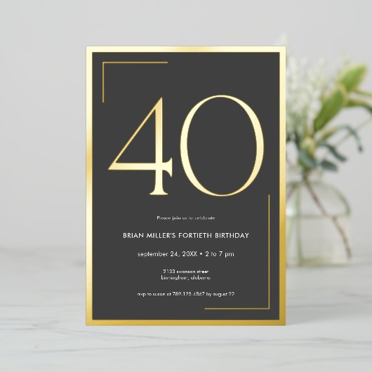 Moderne minimaal elegante veertigste verjaardag folie uitnodiging (Staand Voorkant)