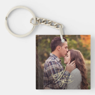 Moderne Minimaal Gouden I Love You Typografie Foto Sleutelhanger