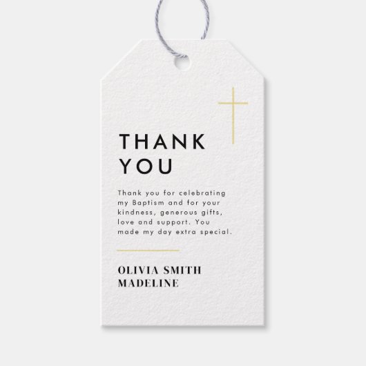 Moderne Minimaal Gouden Kruis Doop Cadeaulabel (Voorkant)