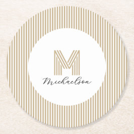Moderne Minimaal Gouden Strepen Monogram Ronde Kartonnen Onderzetter