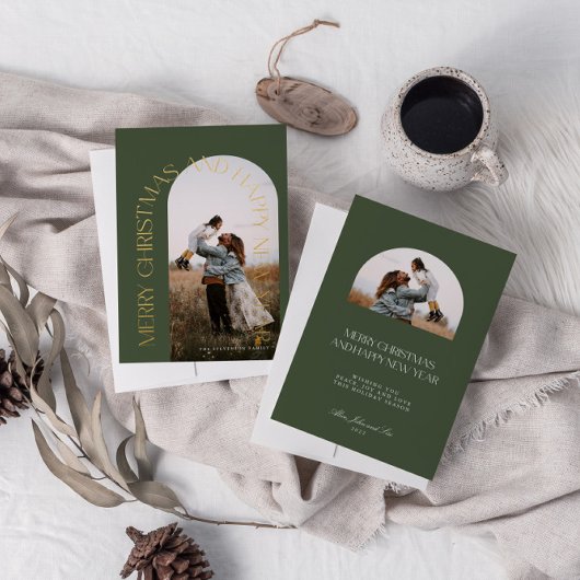 Moderne Minimaal Groene Boog 2 Foto Prettig Kerstf Folie Feestdagenkaart
