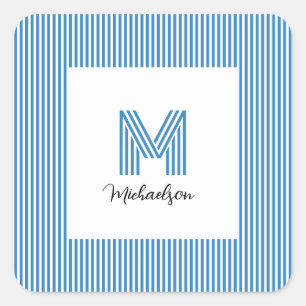 Moderne Minimaal Kust Blauw Gestreepte Monogram Vierkante Sticker