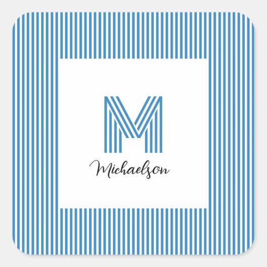 Moderne Minimaal Kust Blauw Gestreepte Monogram Vierkante Sticker (Voorkant)