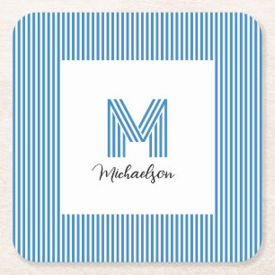 Moderne Minimaal Kust Blauw Strepen Monogram Kartonnen Onderzetters