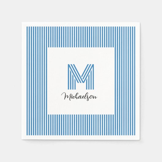 Moderne Minimaal Kust Blauw Strepen Monogram Servet (Voorkant)
