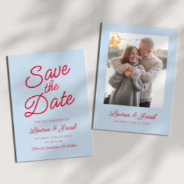 Moderne Minimaal Minimalistische Blauwe en Rode Hu Save The Date