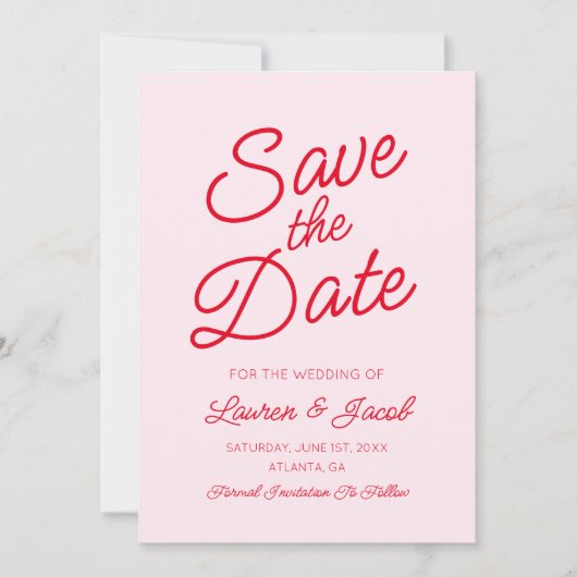 Moderne Minimaal Minimalistische Roze en Rode Trou Save The Date (Voorkant)