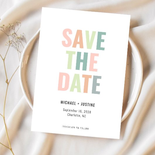 Moderne Minimaal Pastel Multi Kleuren Foto Bruilof Save The Date