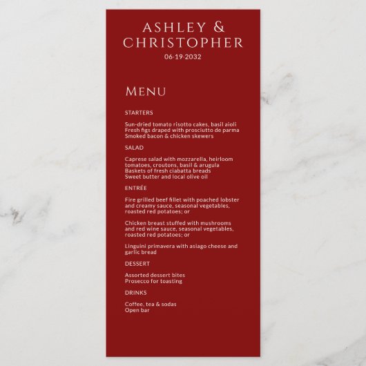 Moderne Minimaal Rode Trouwreceptie Menu (Voorkant)