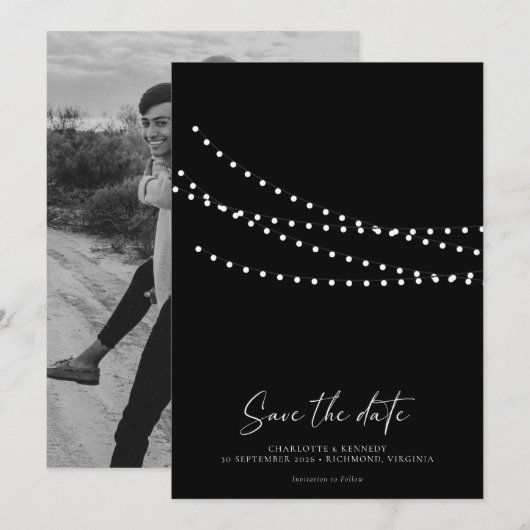 Moderne Minimaal String Licht Foto Bewaar de Datum Save The Date (Voorkant / Achterkant)