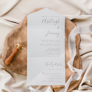 Moderne Minimaal Taupe Script Bruiloft All In One Uitnodiging