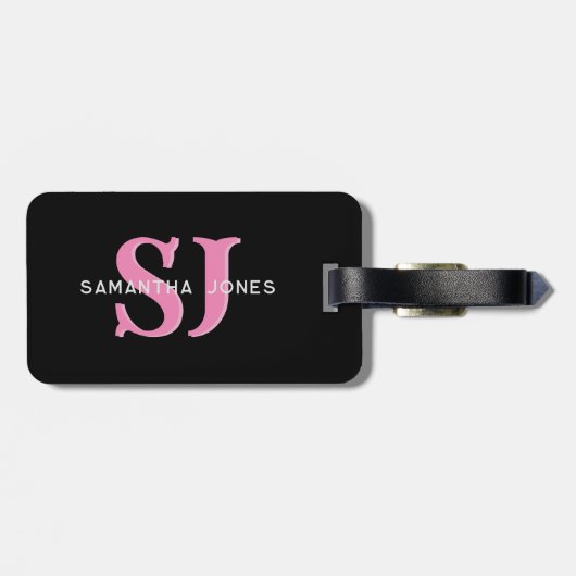 Moderne minimaal vet Initialen roze zwart monogram Bagagelabel (Achterkant horizontaal)
