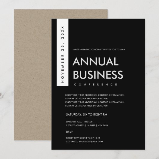 MODERNE MINIMAAL ZWARTE EN WITTE CONFERENTIE GEBEU KAART (Voorkant / Achterkant)