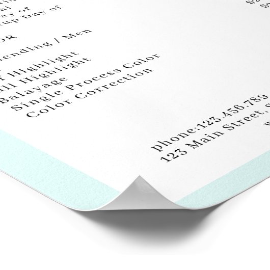 Moderne Minimal Arch Lichtblauwe Salon Prijslijst Poster (Hoek)