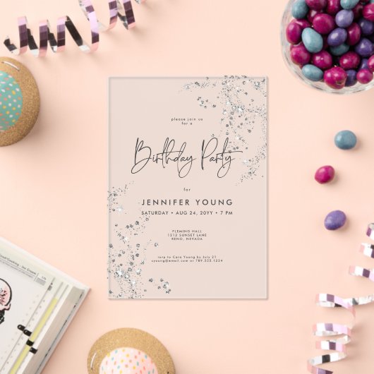 Moderne Minimal Black White Glam Diamonds Verjaard Acryl Uitnodigingen (Insitu (Viering))