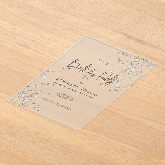 Moderne Minimal Black White Glam Diamonds Verjaard Acryl Uitnodigingen (Laagn)