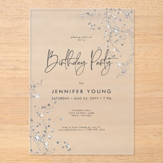 Moderne Minimal Black White Glam Diamonds Verjaard Acryl Uitnodigingen (Voorkant)