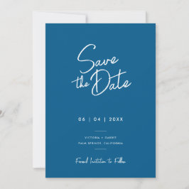 Moderne Minimal Blauwe Script Foto Huwelijk Save The Date