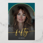 Moderne Minimal Blauwgroen Arch Vijftigste Verjaar Folie Uitnodiging (Voorkant)