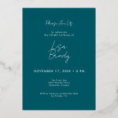 Moderne Minimal Blauwgroen Arch Vijftigste Verjaar Folie Uitnodiging (Achterkant)