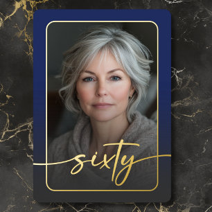 Moderne Minimal Blue Photo Zestigste Verjaardag Folie Uitnodiging