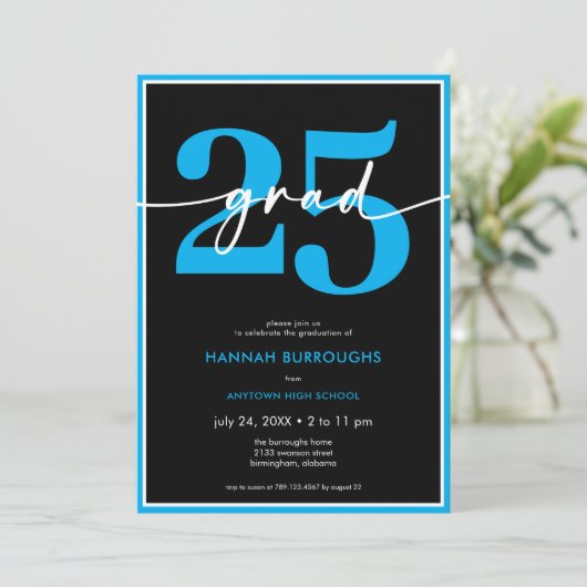Moderne Minimal Blue Script Graduation Party Kaart (Staand voorkant)