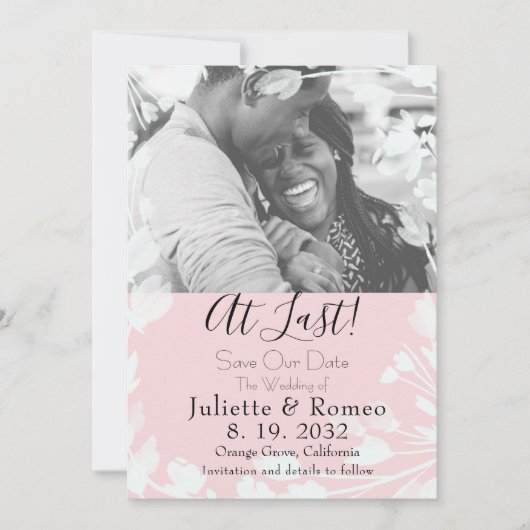 Moderne minimal blush velum bloemenfoto save the date (Voorkant)