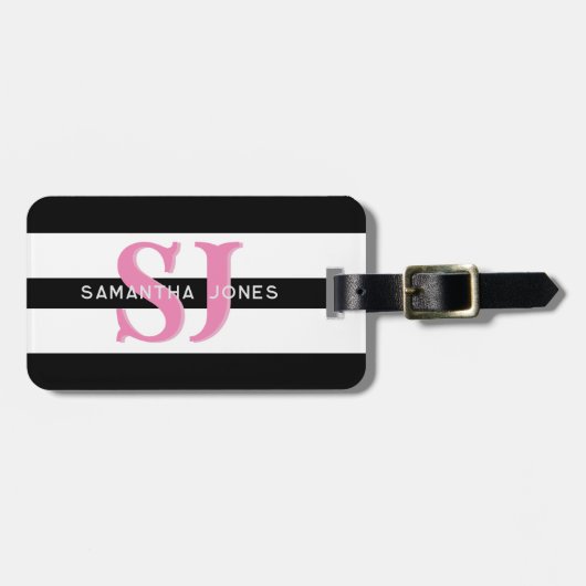 Moderne minimal bold strepen Initialen roze monogr Bagagelabel (Voorkant horizontaal)