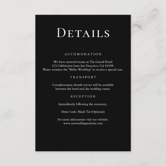 Moderne Minimal Chic Black Wedding Details Informatiekaartje (Voorkant)